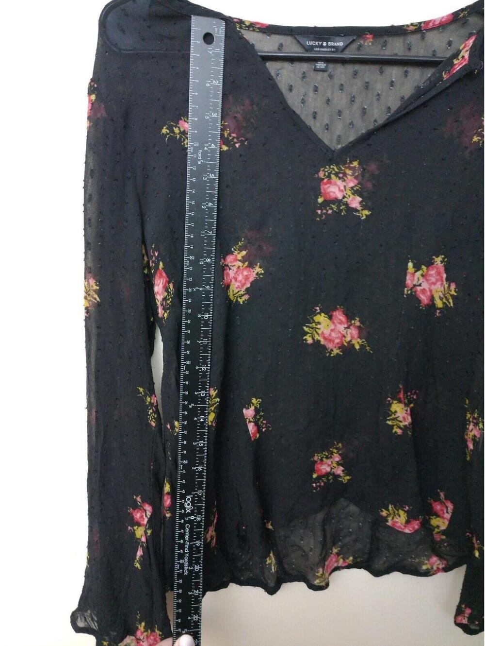 Lucky Brand Blouse Womens Black Floral Swiss Dot Sheer V-Neck Long Sleeve S - Picture 4 of 5